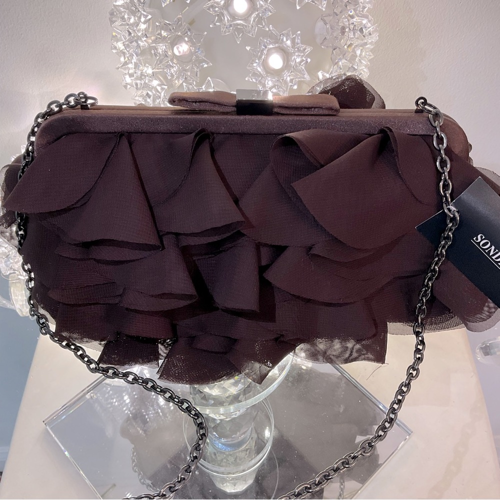 RARE SONDRA ROBERTS Fashion Flower Evening Clutch Party Wedding NWT BROWN
